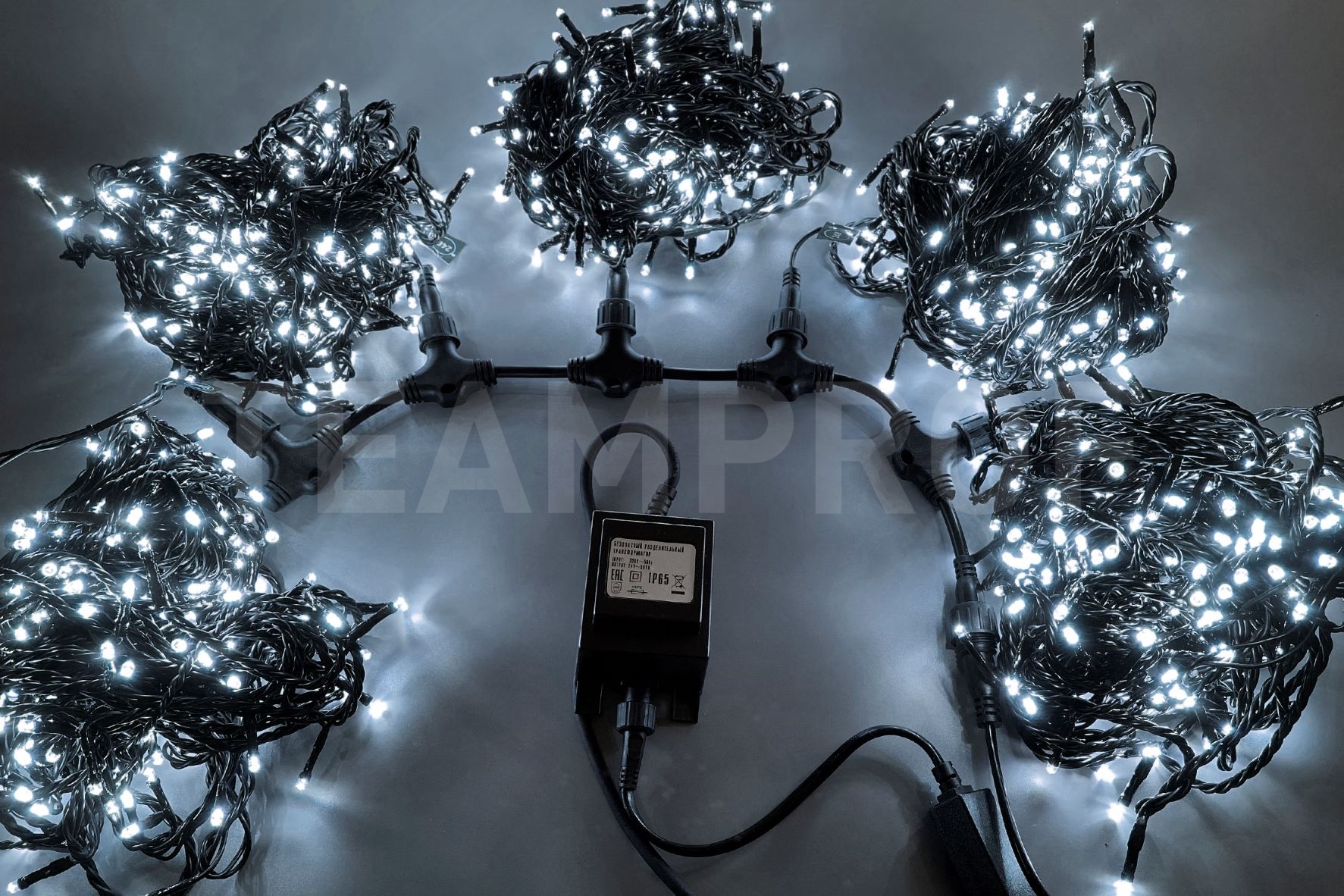 Светодиодная гирлянда TeamProf 5 Нитей по 20 м, 1000 LED, 24 В, белая, чёрный провод TPF-S5*20-B/W